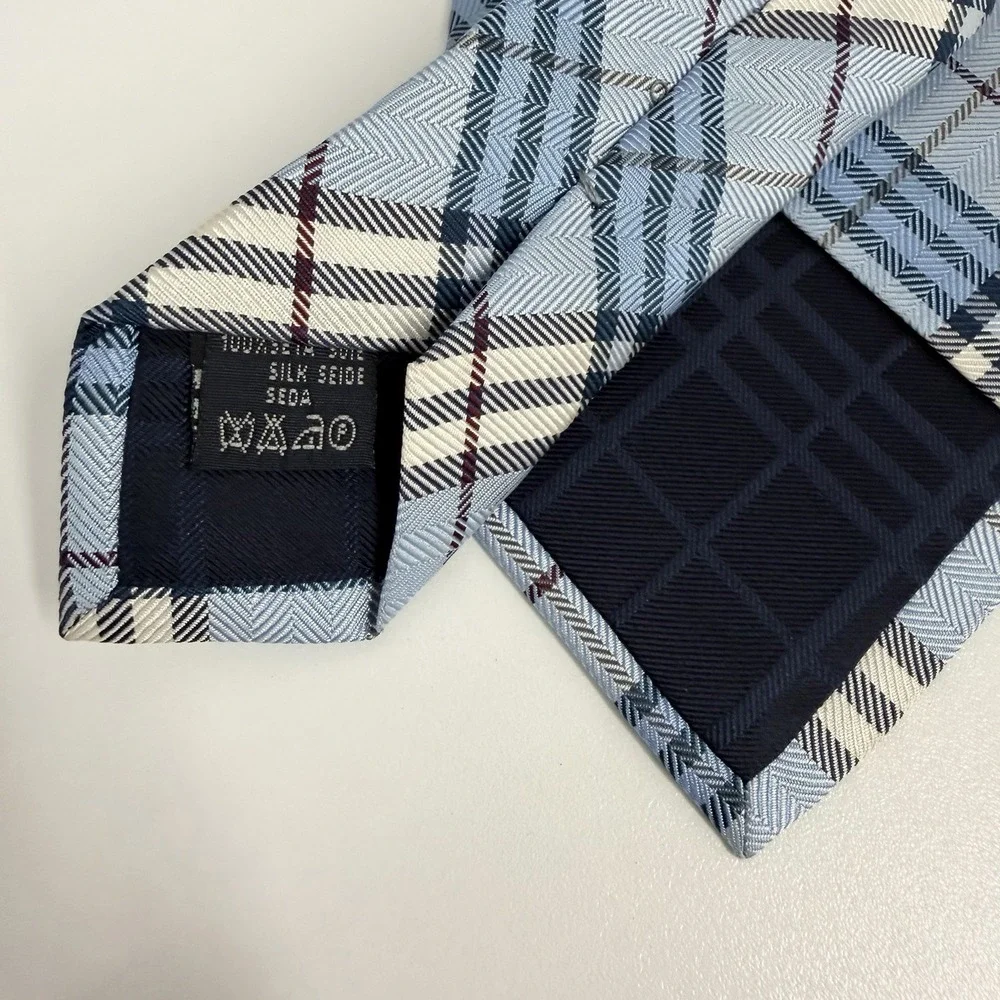 Burberry London Mens Tie Classic Blue Nova Check Plaid Silk 3.5